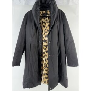 Dana Buchman Petite LP Black Long Puffer Coat Snap Leopard Lining ZipPocket